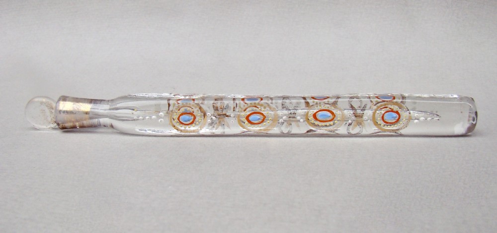 UNUSUAL LARGE OXFORD LAVENDER GILT & POLYCHROME ENAMEL SCENT BOTTLE, CIRCA 1860