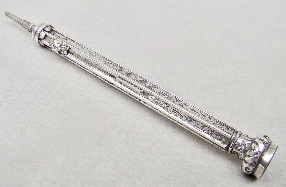RARE VICTORIAN SILVER PROPELLING PENCIL & DIP PEN WITH BLOODSTONE SEAL, CIRCA 1880 View VIII