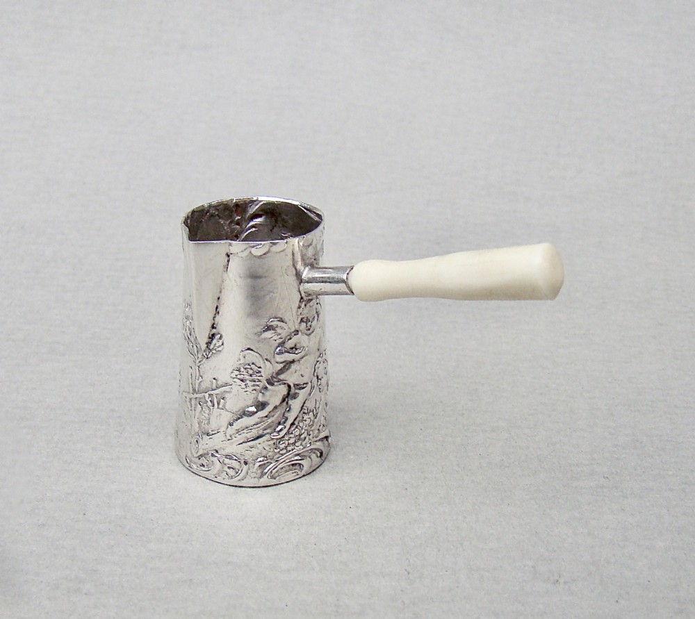 19TH C MINIATURE HANAU SILVER BRANDY WARMER,  IMPORT MARKS FOR LONDON 1895