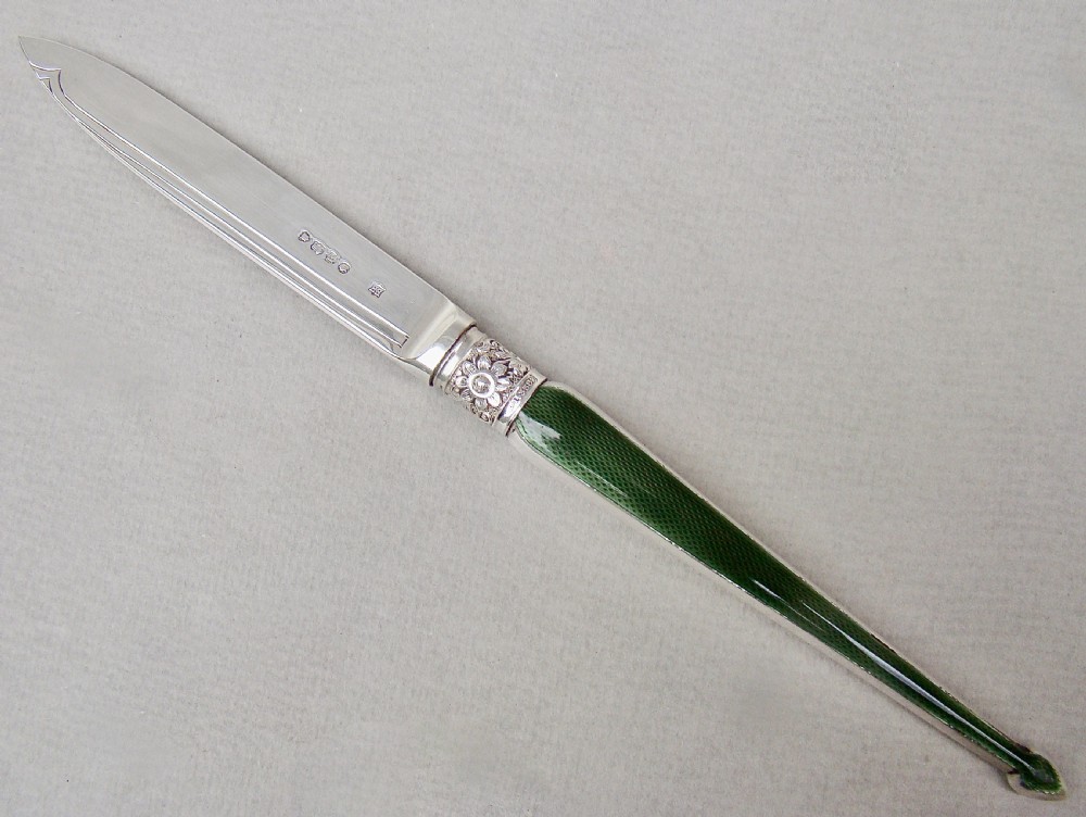 UNUSUAL VICTORIAN SILVER AND GUILLOCHE ENAMEL LETTER OPENER BY WILLIAM HUTTON & SONS, LONDON 1885