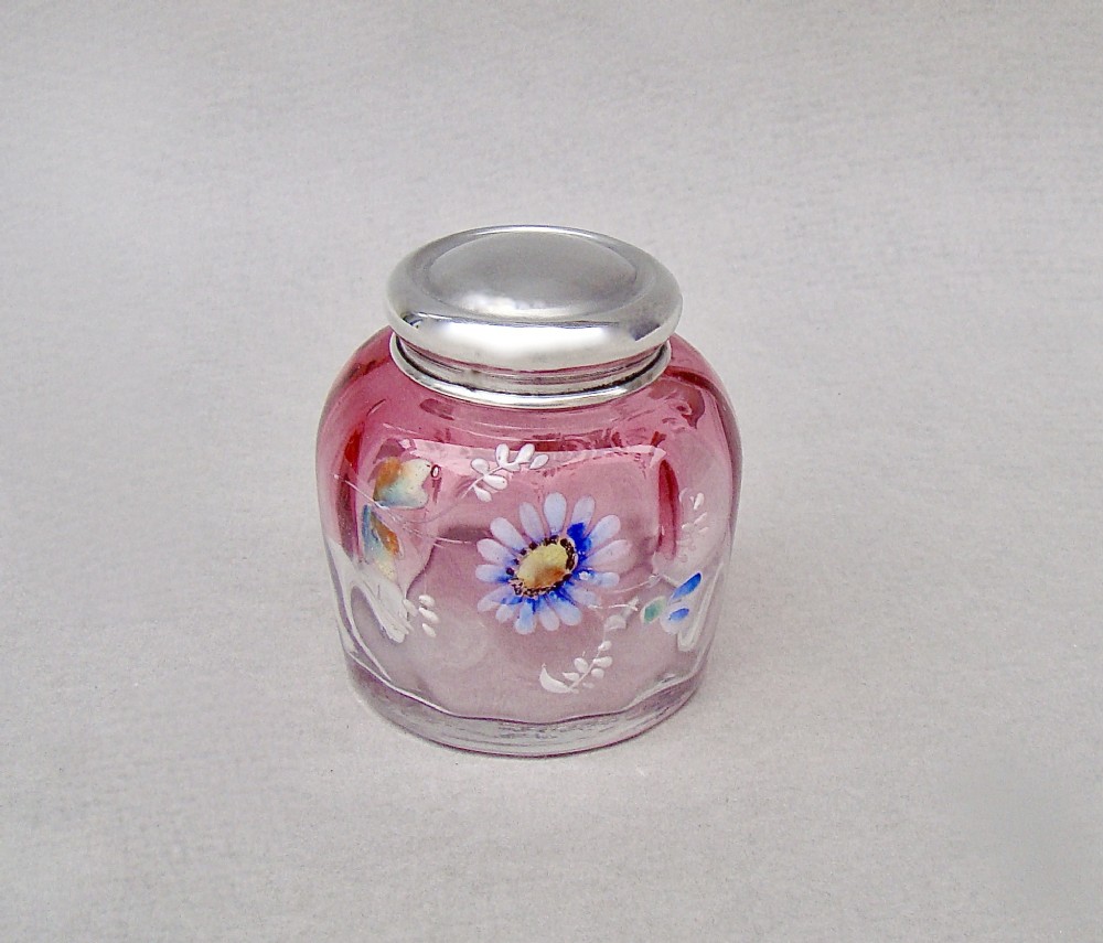 DELIGHTFUL SILVER  & ENAMELLED GLASS ROUGE POT BY GREEN & CADBURY LD, BIRMINGHAM 1910