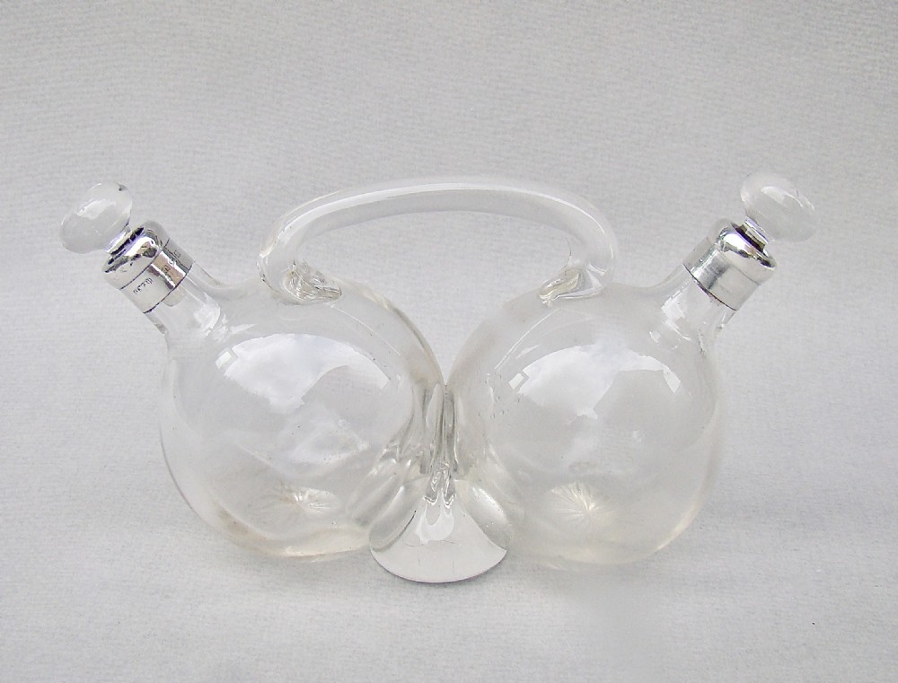 EDWARDIAN SILVER MOUNTED OIL & VINEGAR BOTTLE SET BY HENRY PERKINS & SONS, LONDON 1908