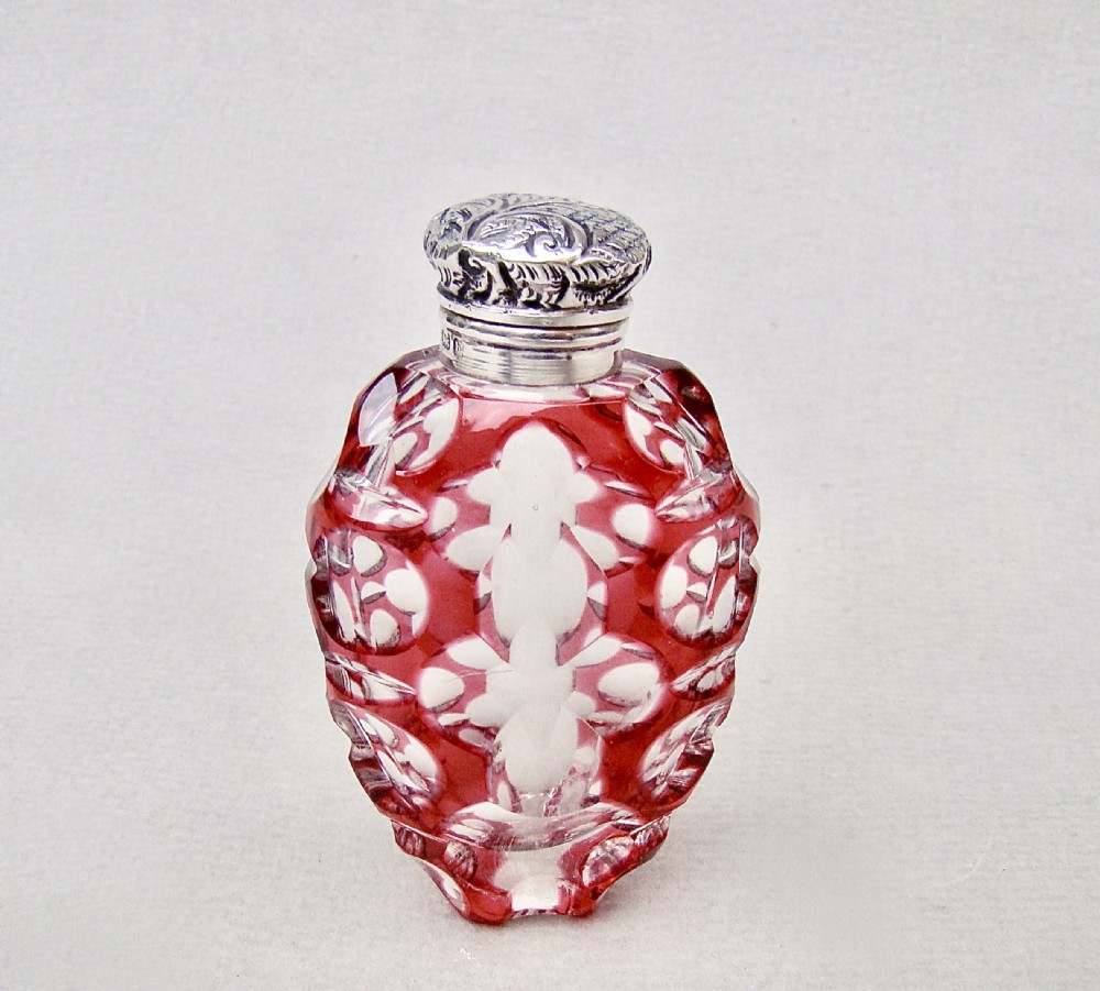 RARE EDWARDIAN SILVER & OVERLAY CRANBERRY GLASS SCENT BOTTLE BY CHARLES MAY, BIRMINGHAM 1901