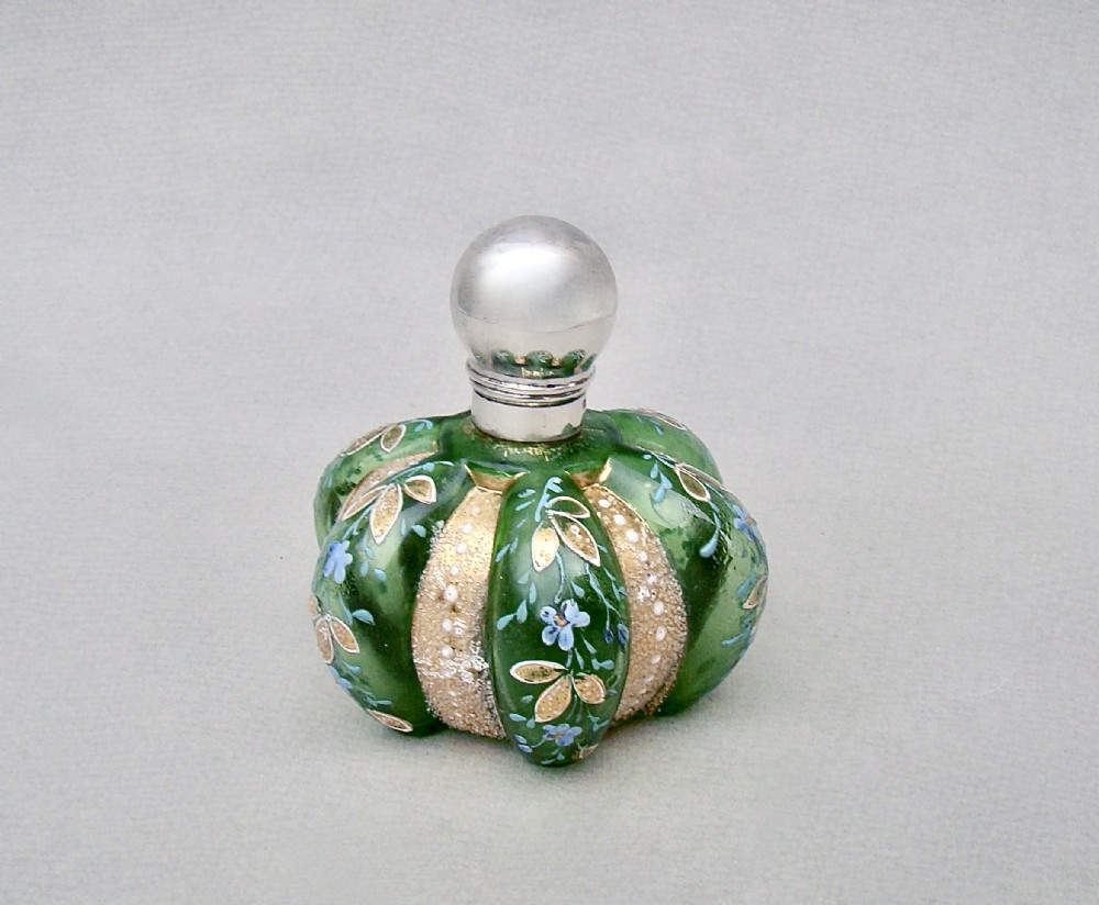 UNUSUAL VICTORIAN SILVER MOUNTED ENAMELLED GLASS SCENT BOTTLE, BIRMINGHAM 1887