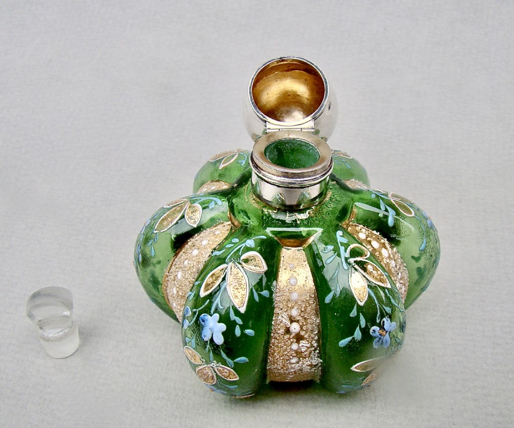 UNUSUAL VICTORIAN SILVER MOUNTED ENAMELLED GLASS SCENT BOTTLE, BIRMINGHAM 1887 View IV