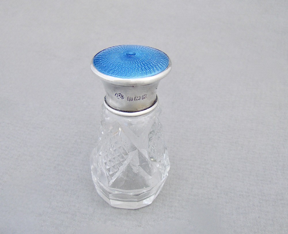 DELIGHFUL ART DECO SILVER & GUILLOCHE ENAMEL SCENT BOTTLE BY THE ADIE BROTHERS, BIRMINGHAM 1925