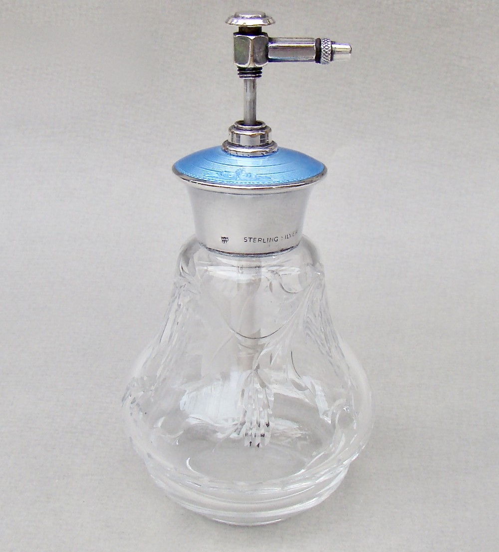 FABULOUS ART DECO STERLING SILVER, GUILLOCHE ENAMEL ATOMISER BY CHARLES GREEN, CIRCA 1930
