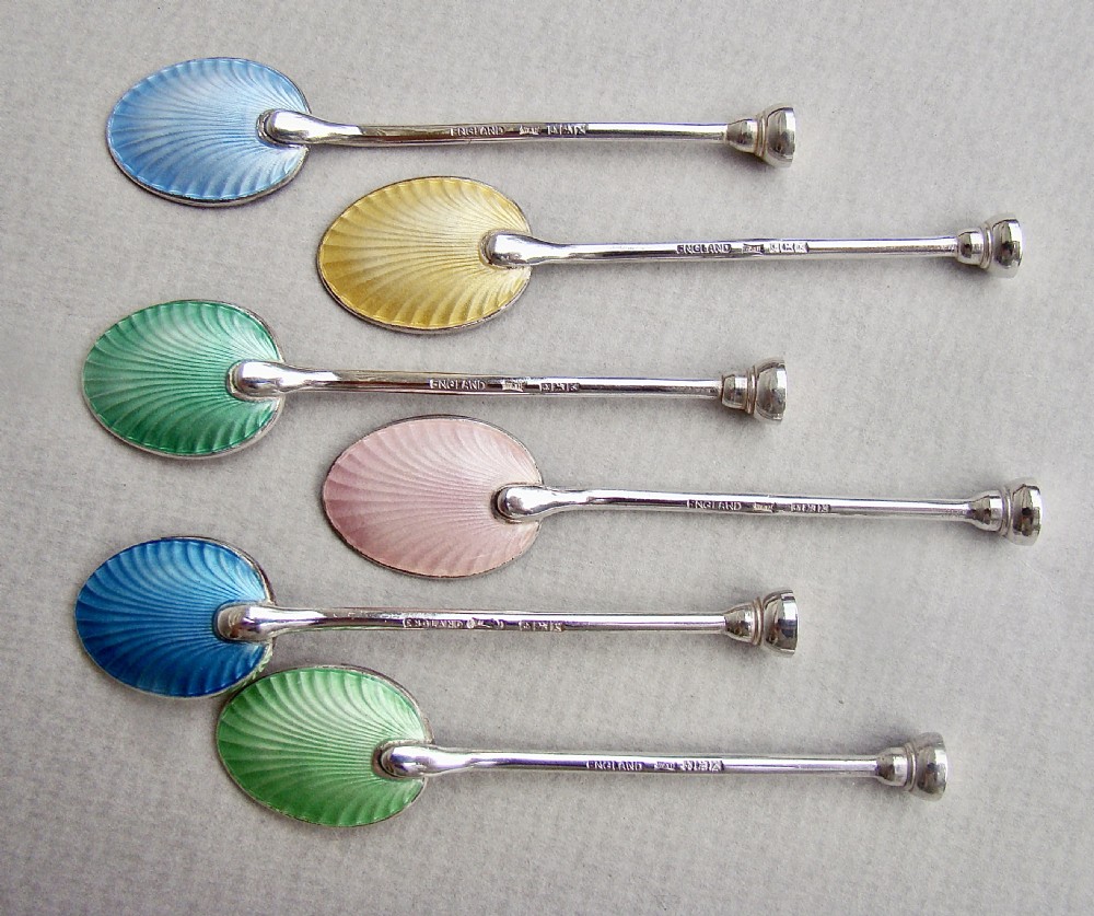 CASED SET OF 6 SILVER & GUILLOCHE ENAMEL SEAL TOP COFFEE SPOONS BY WALKER & HALL, BIRMINGHAM 1959 View IV
