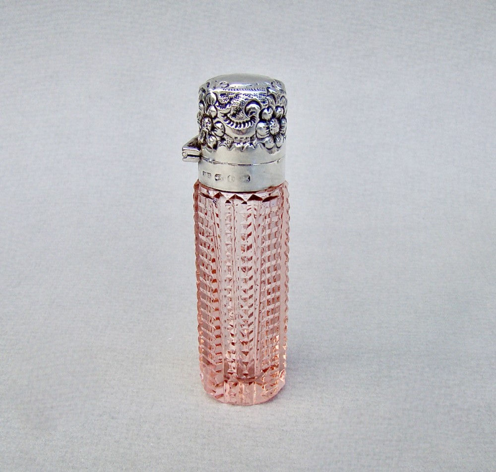 RARE VICTORIAN SILVER & PALE SALMON PINK CUT GLASS SCENT BOTTLE BY LEVI & SALAMAN, BIRMINGHAM 1893