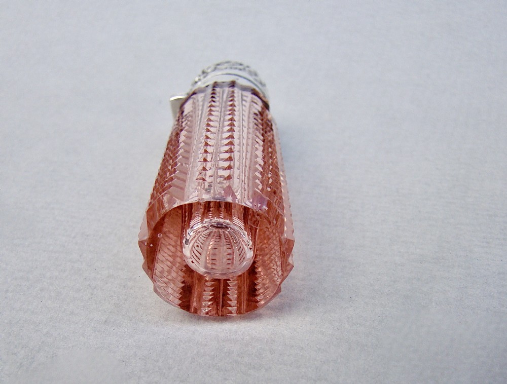 RARE VICTORIAN SILVER & PALE SALMON PINK CUT GLASS SCENT BOTTLE BY LEVI & SALAMAN, BIRMINGHAM 1893 View IX