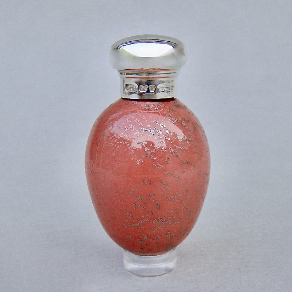 VICTORIAN SILVER & PORCELAIN SPECKLED EGG SCENT BOTTLE BY HILLIARD & THOMASON, BIRMINGHAM 1888