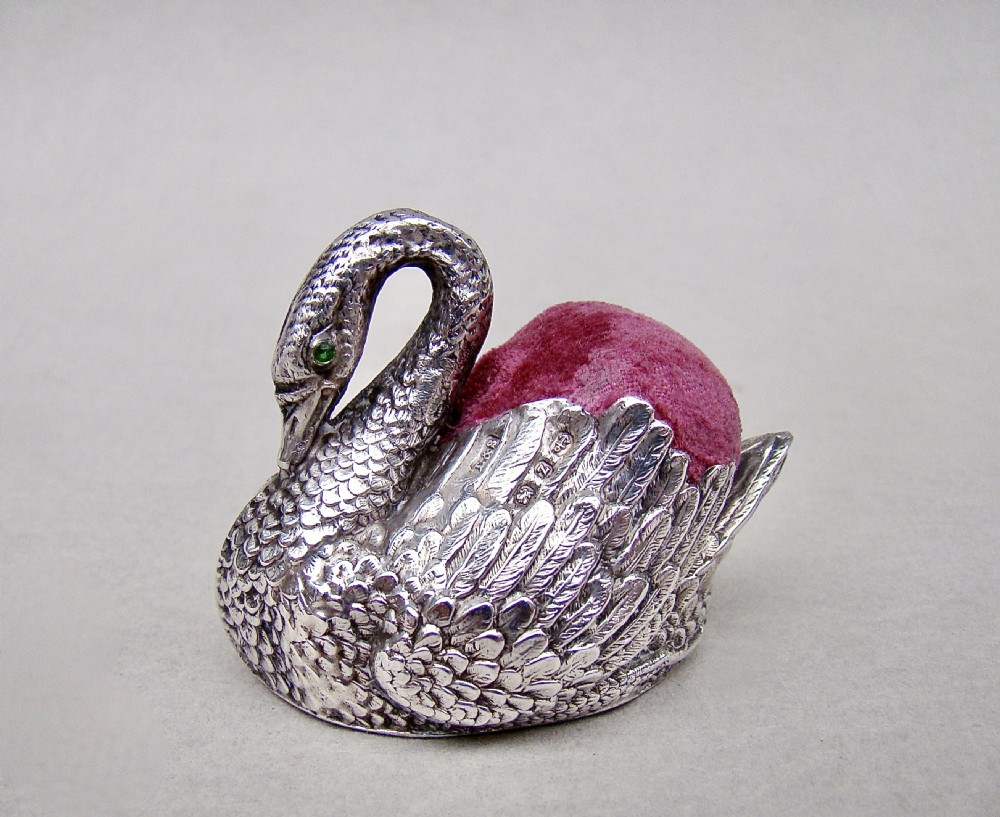 EXQUISITE VICTORIAN SILVER SWAN PIN CUSHION BY LEVI & SALAMAN, BIRMINGHAM 1899