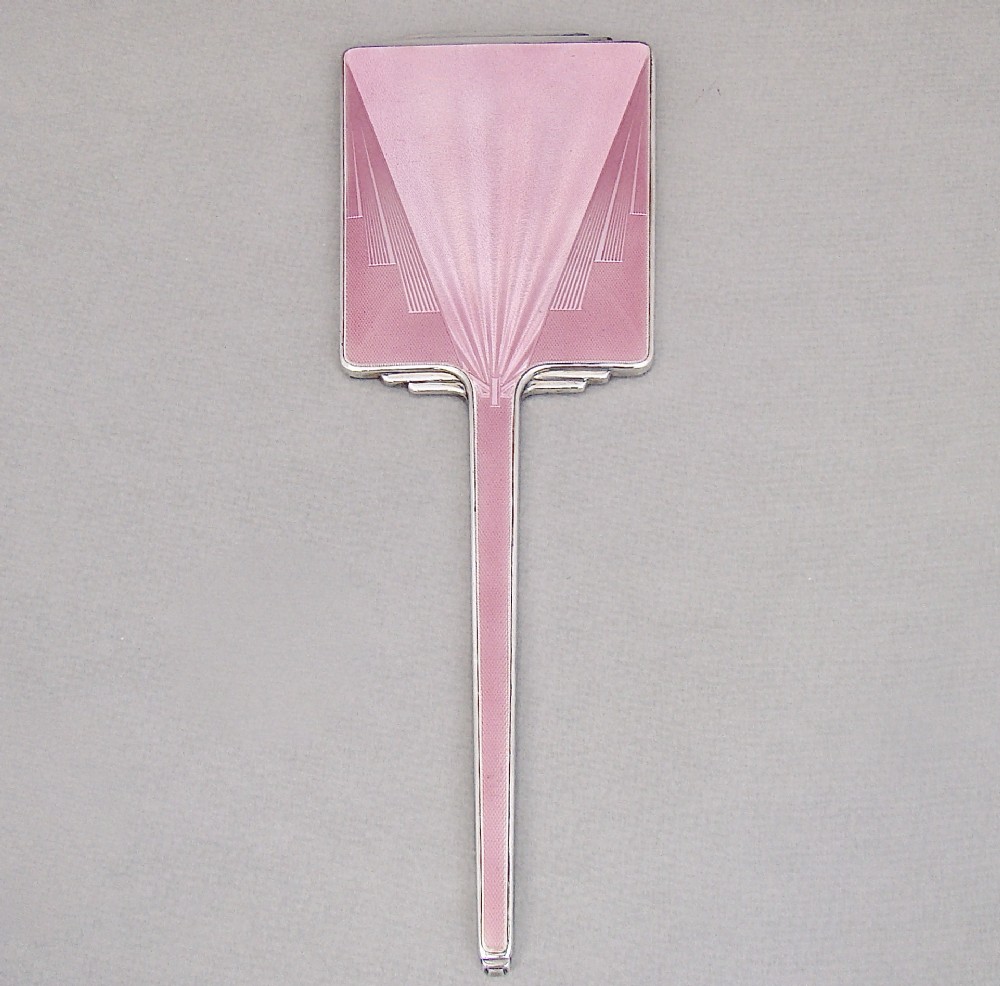 FABULOUS ART DECO SILVER AND GUILLOCHE ENAMEL HAND MIRROR BY HASSET & HARPER, BIRMINGHAM 1935
