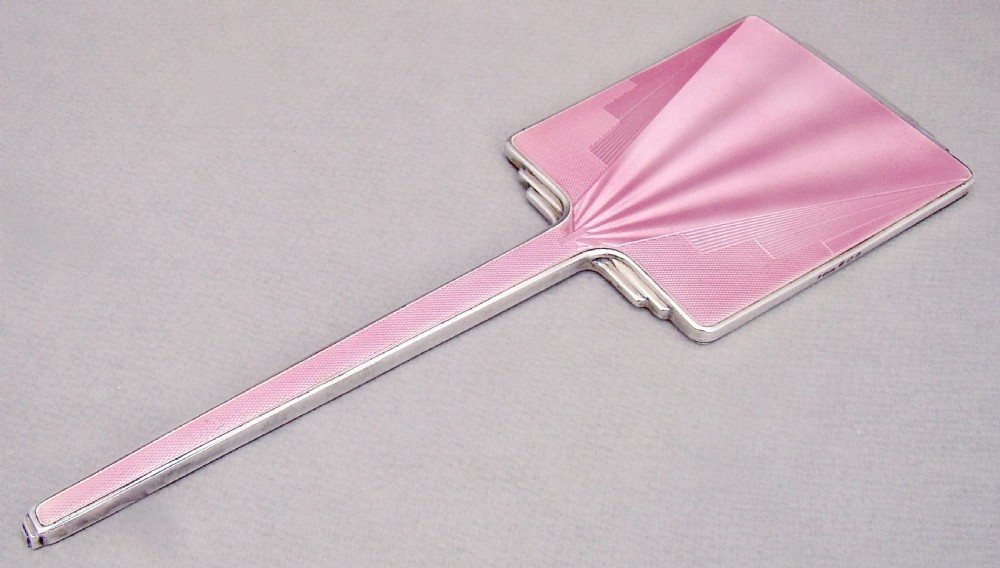 FABULOUS ART DECO SILVER AND GUILLOCHE ENAMEL HAND MIRROR BY HASSET & HARPER, BIRMINGHAM 1935
 View II
