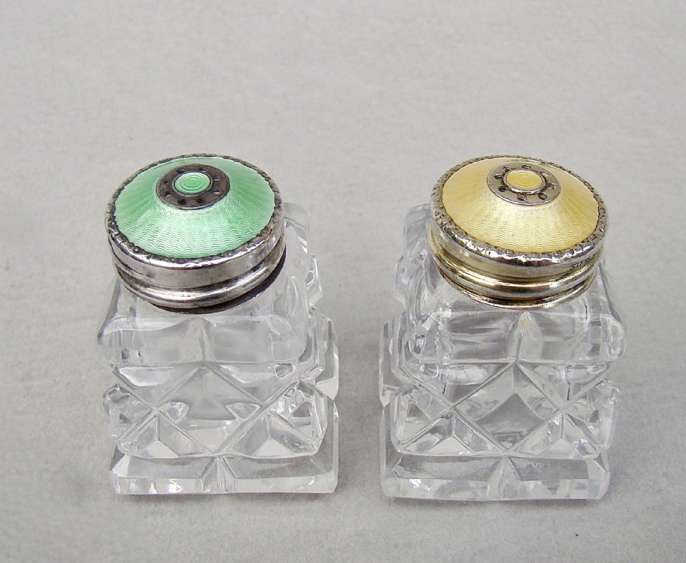 EXQUISITE PAIR OF NORWEGIAN ART DECO SILVER AND ENAMEL SALTS, CIRCA 1930
