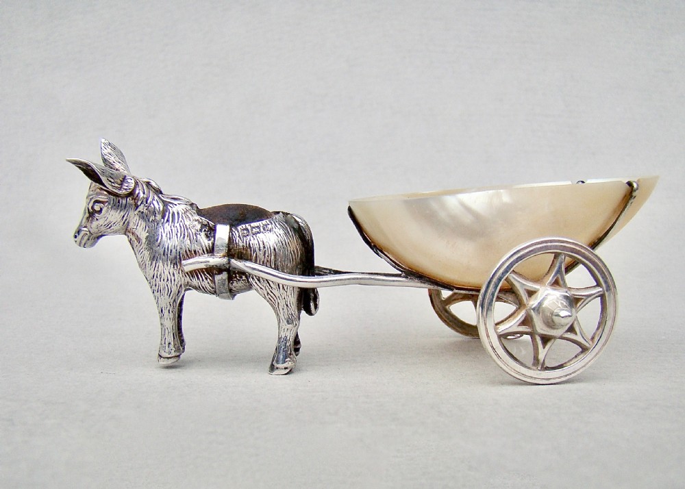 VERY RARE EDWARDIAN NOVELTY SILVER DONKEY & CART PIN CUSHION BY SYDNEY & CO, BIRMINGHAM 1909
