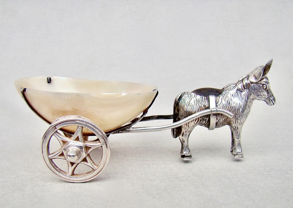 VERY RARE EDWARDIAN NOVELTY SILVER DONKEY & CART PIN CUSHION BY SYDNEY & CO, BIRMINGHAM 1909
 View II
