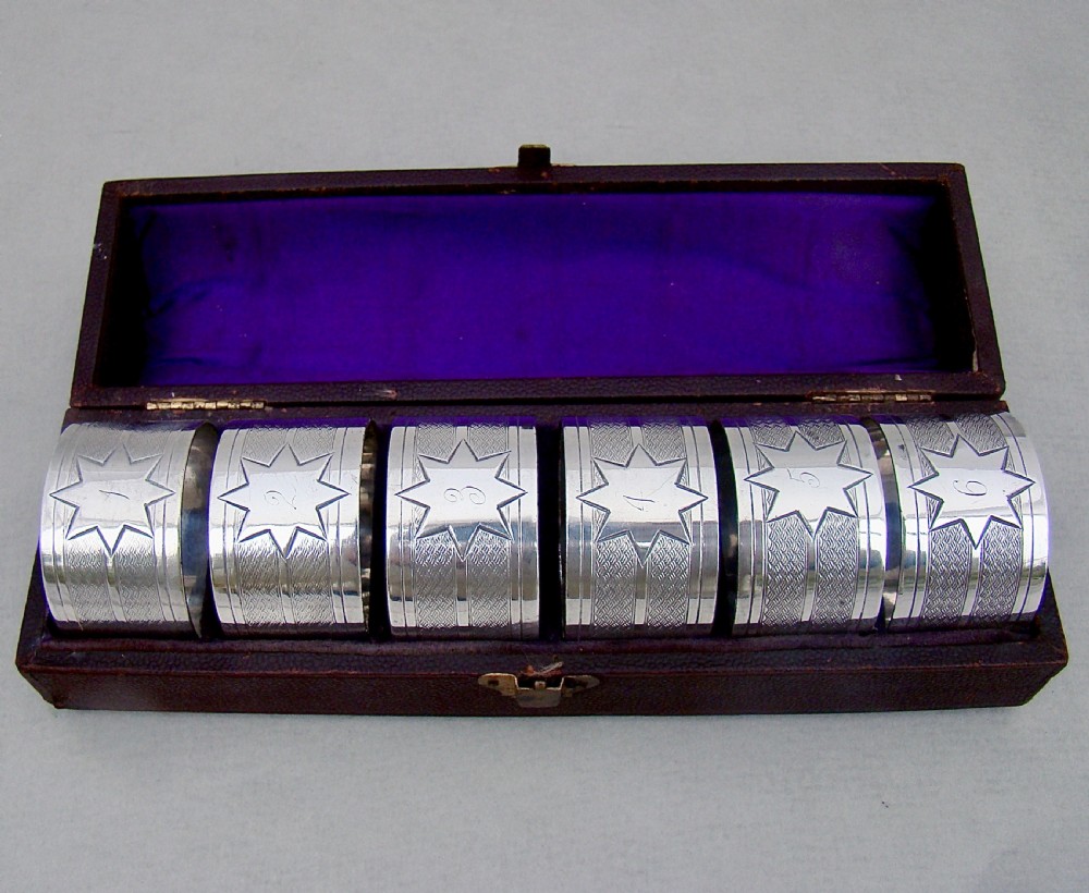 CASED SET OF SIX VICTORIAN SILVER PLATED NUMBERED NAPKIN RINGS, CIRCA 1890 View II