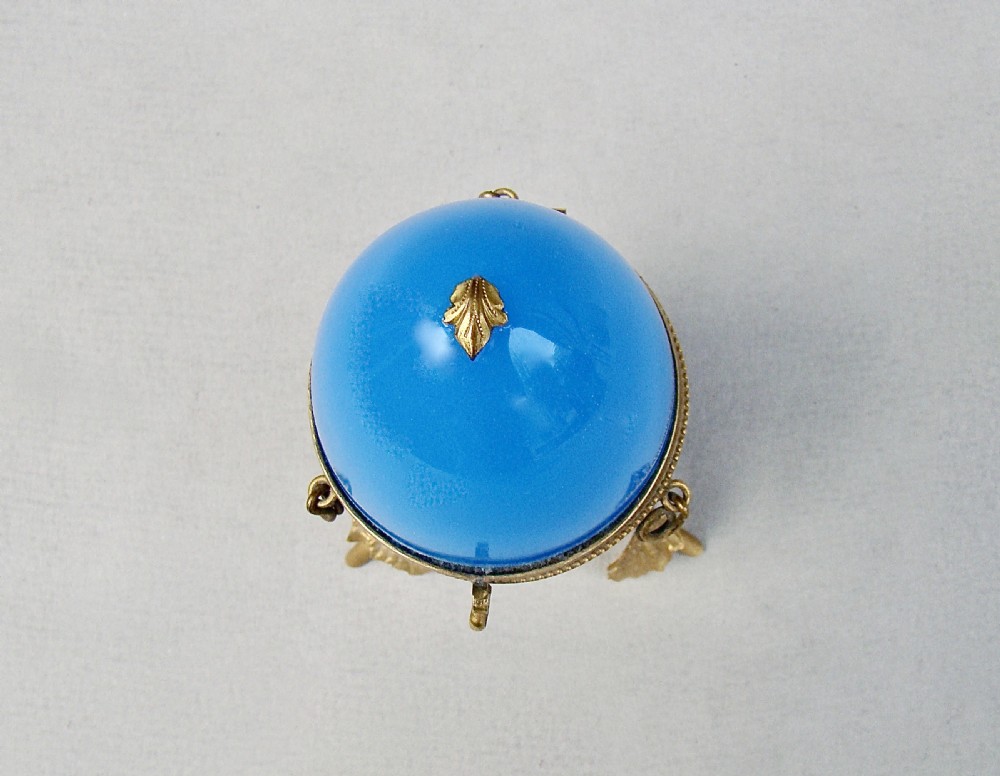 RARE FRENCH PALAIS ROYAL ORMOLU MOUNTED BLUE OPALINE GLASS EGG CASKET BOX View V