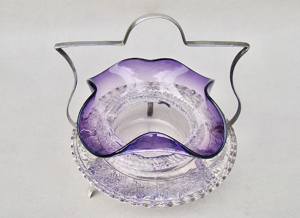 EXQUISITE VICTORIAN SILVER PLATED AND AMETHYST GLASS SWEET MEAT DISH, CIRCA 1890