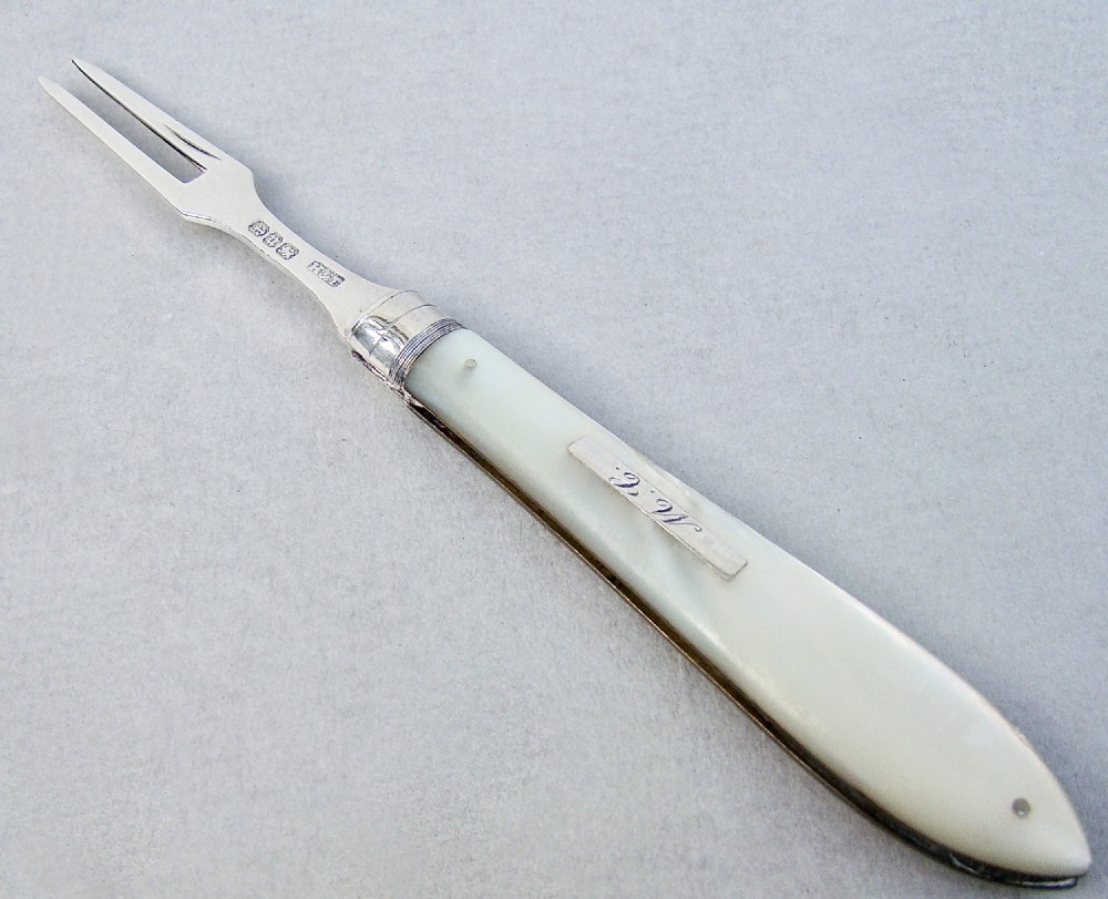 VICTORIAN SILVER AND MOTHER OF PEARL FRUIT FORK BY HILLIARD & THOMASON, BIRMINGHAM 1894