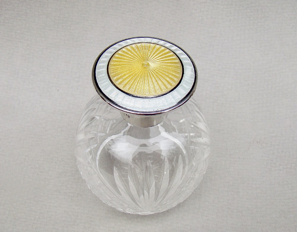 ART DECO SILVER MOUNTED DUAL COLOUR GUILLOCHE ENAMEL GLASS SCENT BOTTLE BY DOCKER & BURN, BIRMINGHAM 1921
