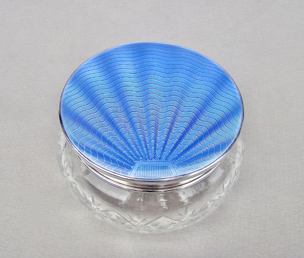 FABULOUS ART DECO SILVER & GUILLOCHE ENAMEL DRESSING TABLE JAR BY HENRY CLIFFORD DAVIS, BIRMINGHAM 1932