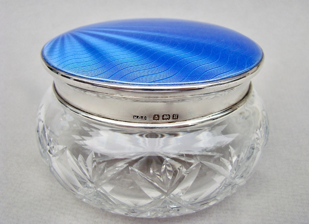 FABULOUS ART DECO SILVER & GUILLOCHE ENAMEL DRESSING TABLE JAR BY HENRY CLIFFORD DAVIS, BIRMINGHAM 1932 View II