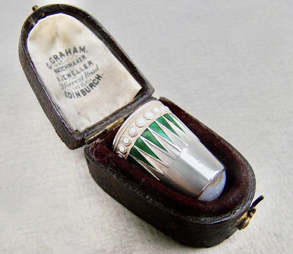 VERY RARE NORWEGIAN SILVER, ENAMEL & MOONSTONE THIMBLE BY MARIUS HAMMER, CIRCA 1900 View III