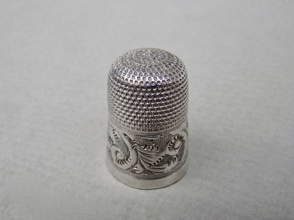 EXQUISITE VICTORIAN SOLID SILVER THIMBLE CASED IN ORMULU CHATELAINE EGG-SHAPED HOLDER
 View V