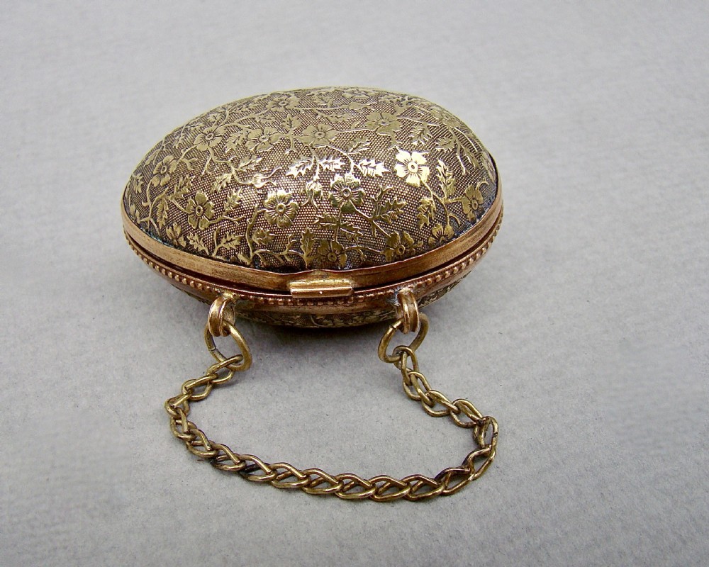 EXQUISITE VICTORIAN SOLID SILVER THIMBLE CASED IN ORMULU CHATELAINE EGG-SHAPED HOLDER
 View VI