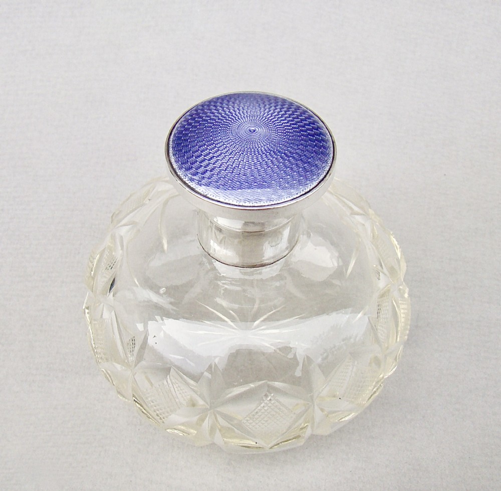 ART DECO SILVER MOUNTED GUILLOCHE ENAMEL SCENT BOTTLE BY LEVI & SALAMAN, BIRMINGHAM 1926
