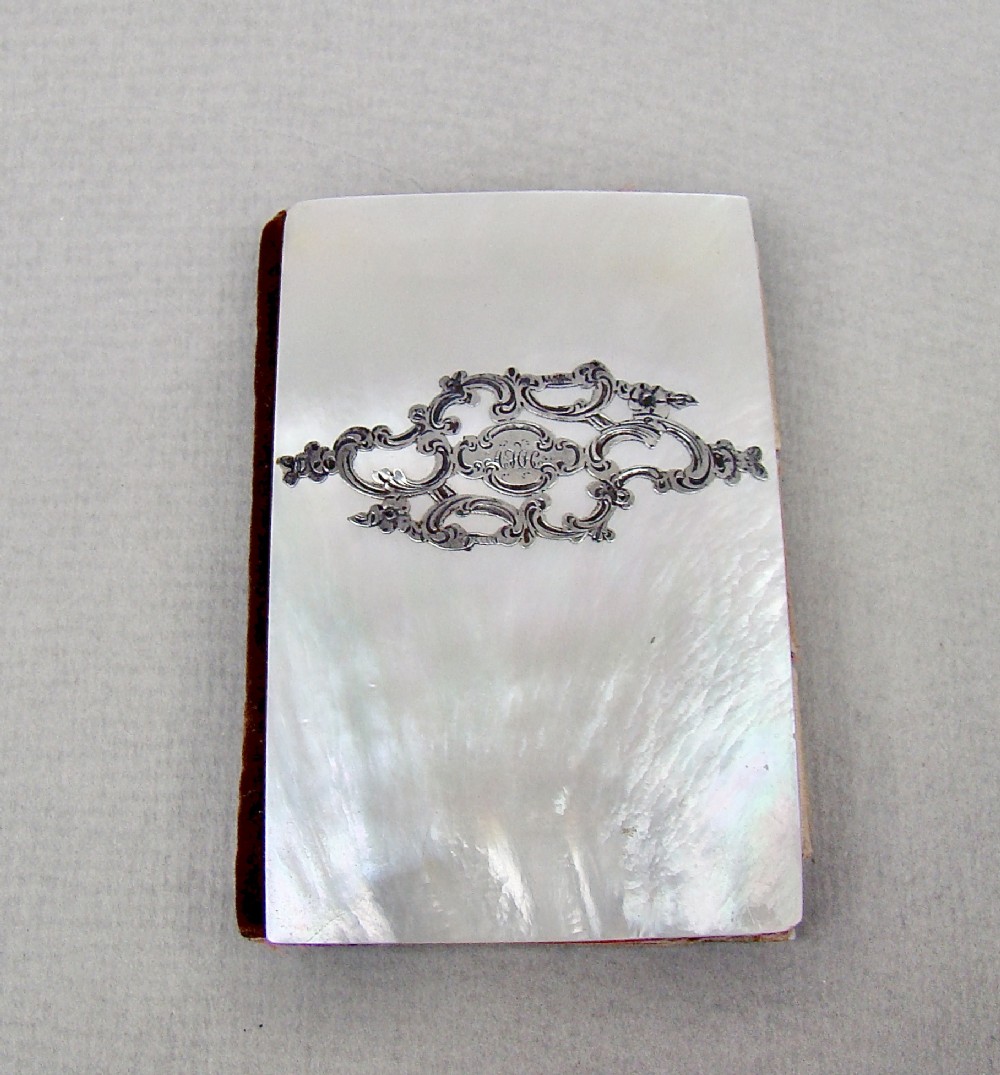 CHARMING FRENCH PALAIS ROYAL SILVER & MOTHER OF PEARL NOTEBOOK HOLDER, CIRCA 1880