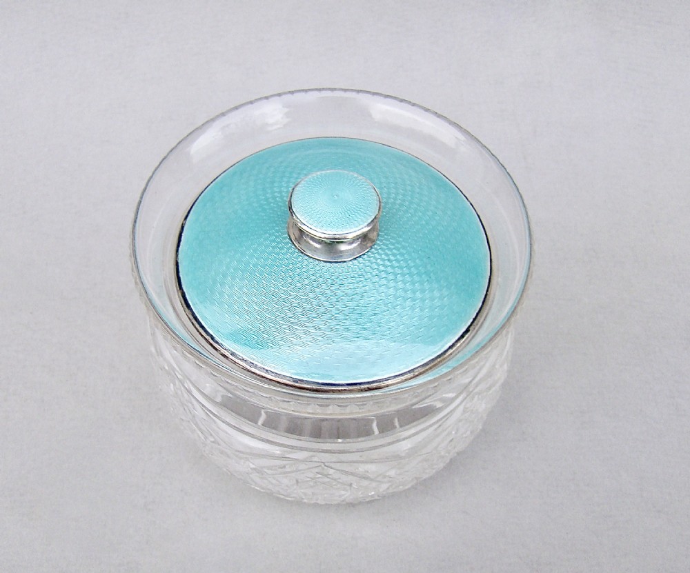FABULOUS ART DECO SILVER & GUILLOCHE ENAMEL TOILETRY JAR BY CHARLES GREEN & CO, BIRMINGHAM 1925