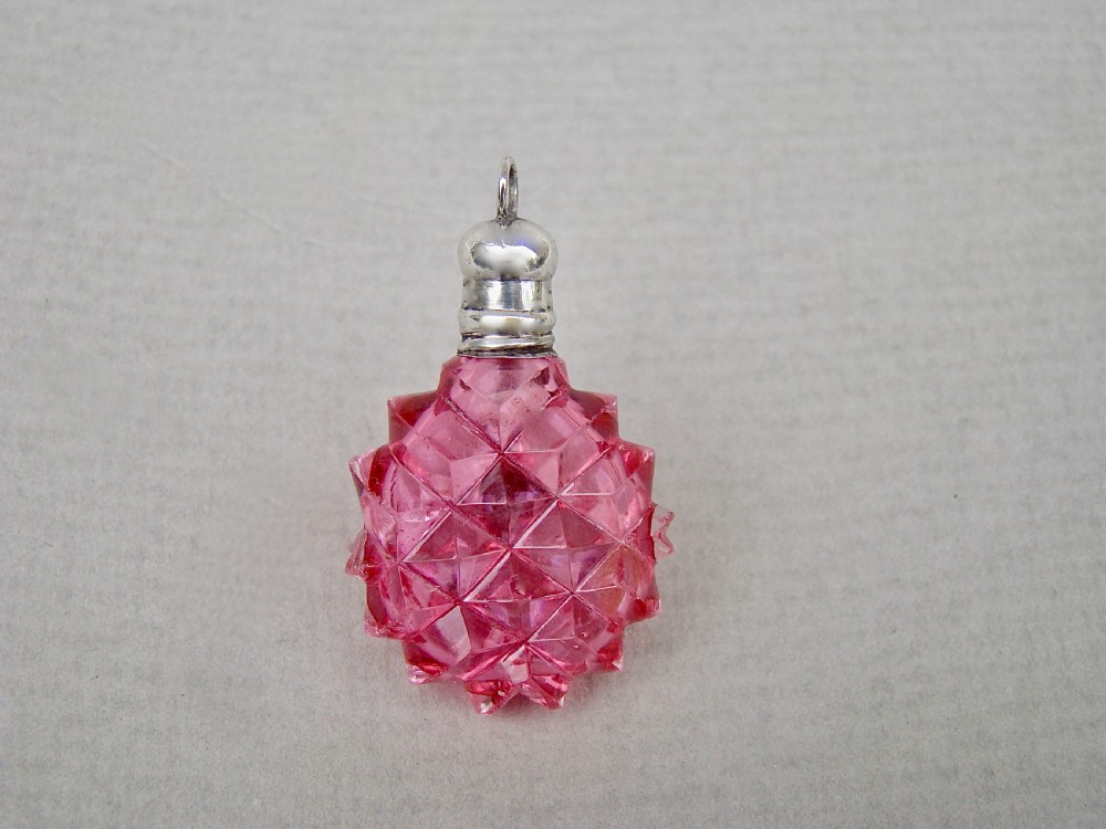 RARE MINIATURE SILVER & CUT GLASS CHATELAINE SCENT BOTTLE, CIRCA 1860