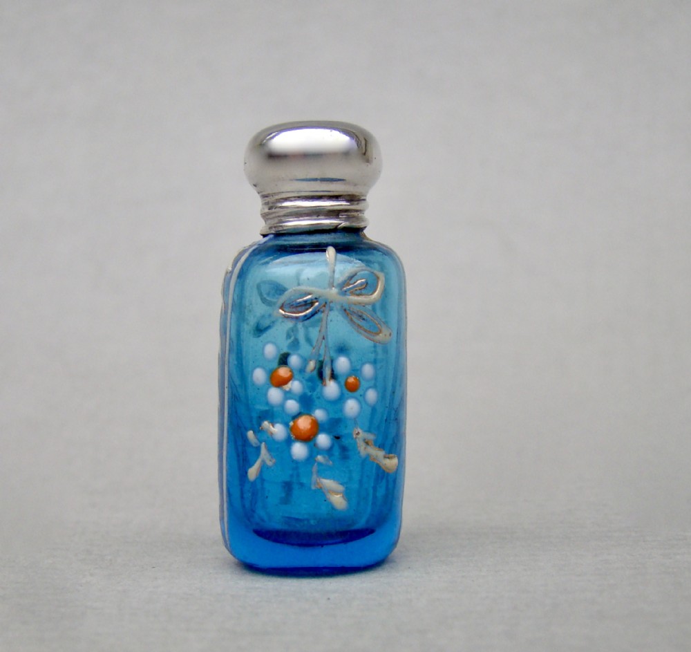 EXQUISITE MINIATURE 19TH C. SILVER & ENAMELLED GLASS SCENT BOTTLE, CIRCA 1890
