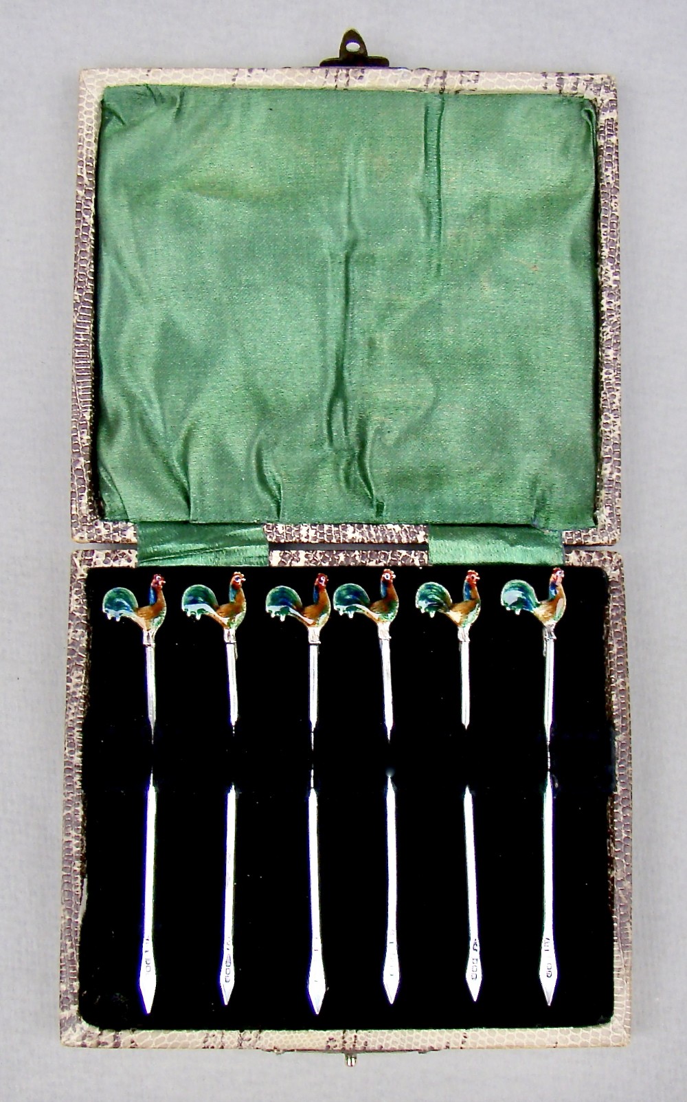 ART DECO CASED SET OF SIX STERLING SILVER ENAMELLED COCKEREL COCKTAIL STICKS BY A. SCOTT, BIRMINGHAM 1928