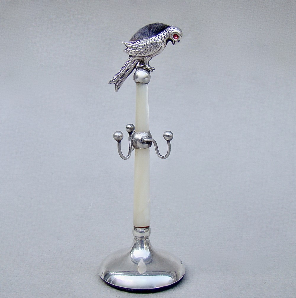 VERY RARE GEORGE V SILVER PARROT PIN CUSHION & RING TREE BY ADIE & LOVEKIN, BIRMINGHAM 1922