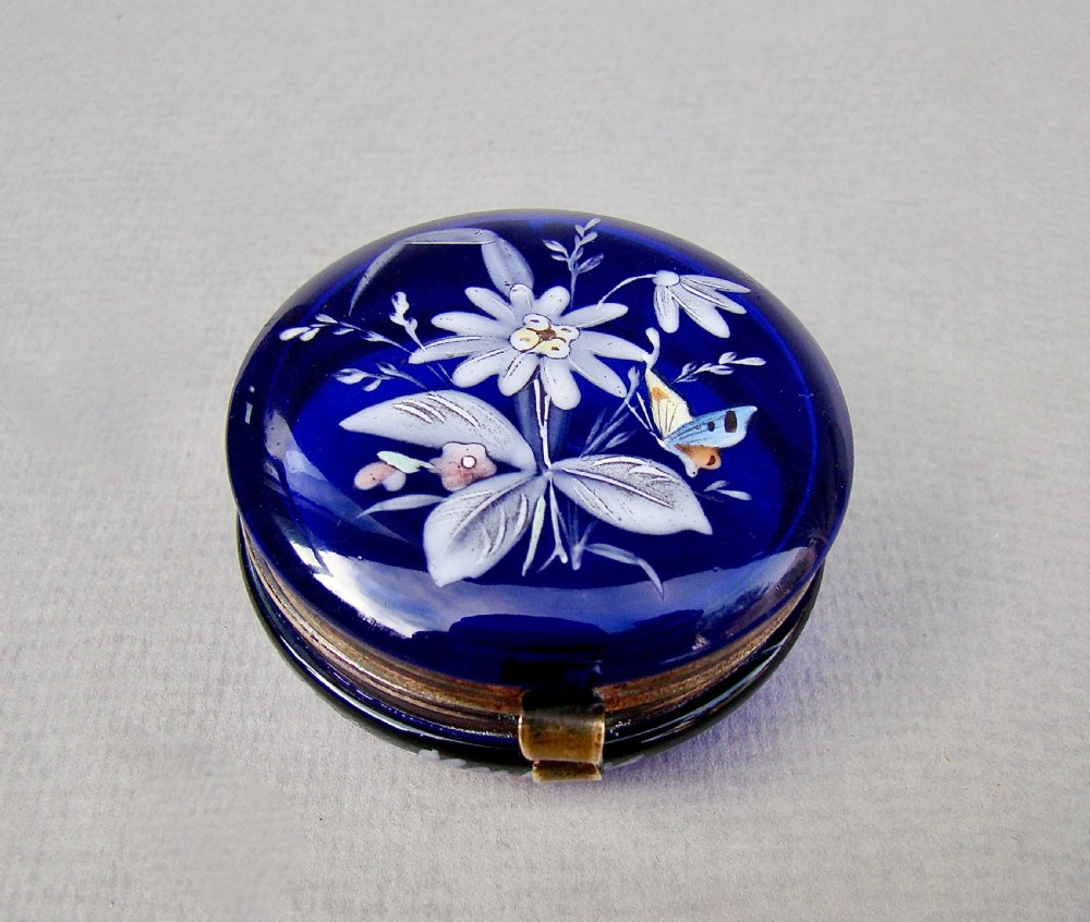 EXQUISITE 19TH C. FRENCH BRISTOL BLUE GLASS ENAMELLED TRINKET BOX, CIRCA 1890