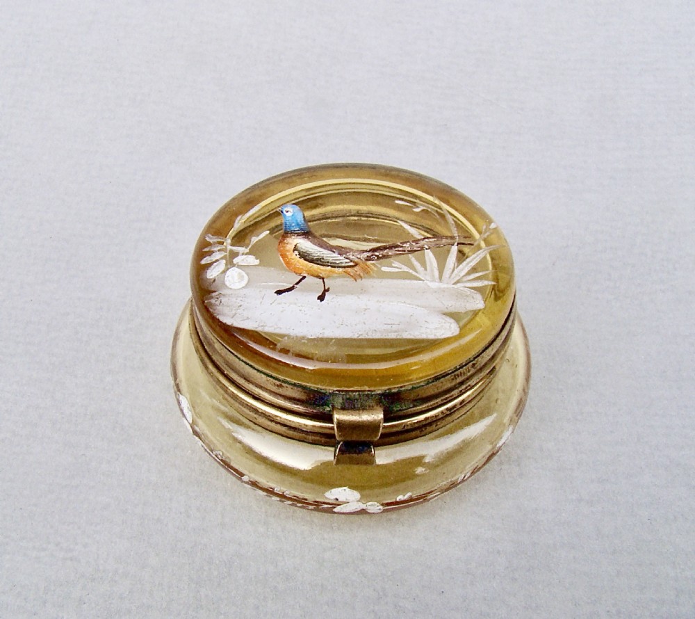 RARE FRENCH ENAMELLED AMBER GLASS TRINKET BOX , CIRCA 1890