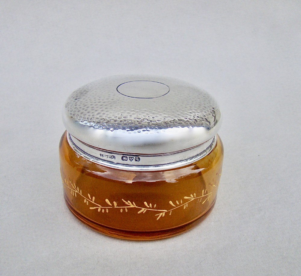 ARTS & CRAFT SILVER & AMBER GLASS DRESSING TABLE JAR, CHESTER 1909