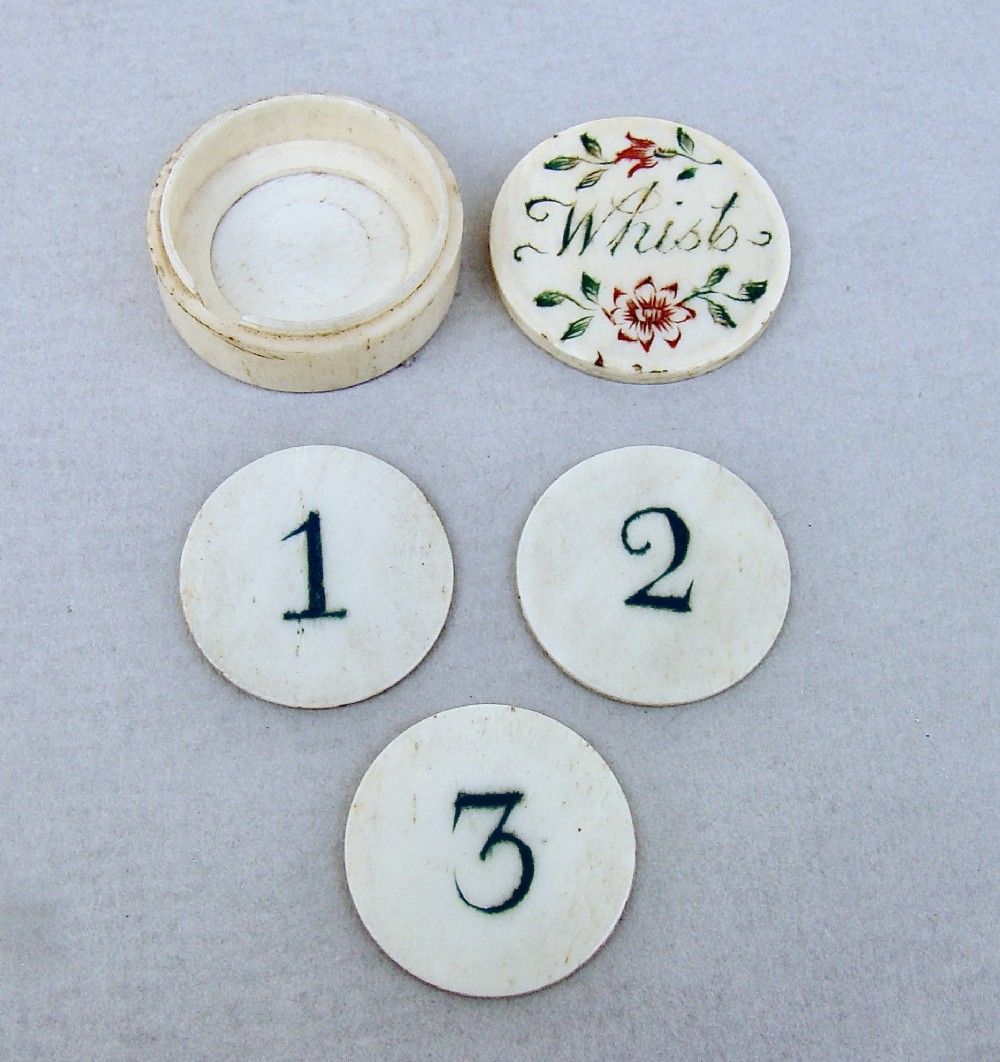 RARE AND EXQUISITE GEORGIAN BONE WHIST BOX COMPLETE WITH COUNTERS, CIRCA 1790

