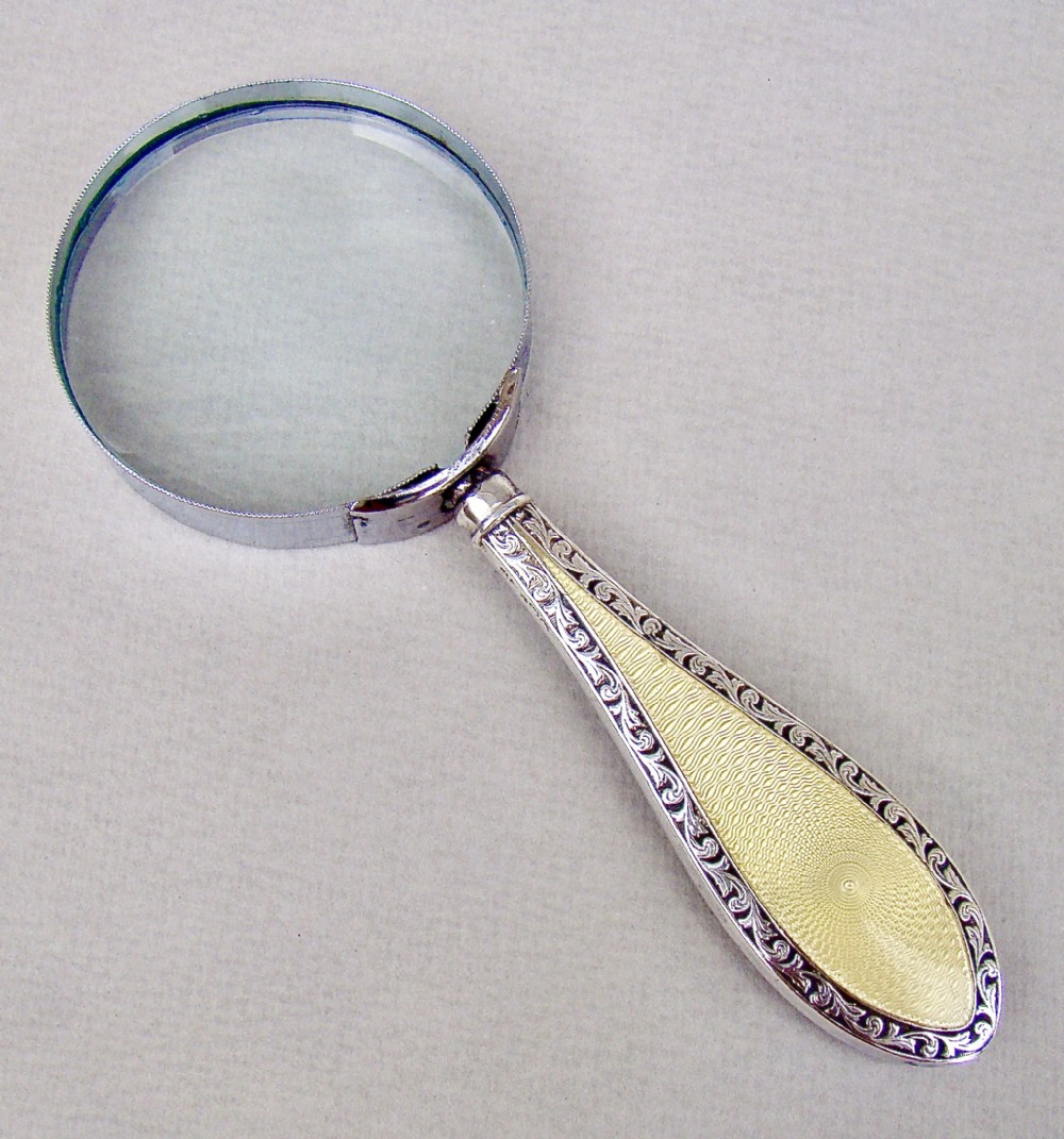 ART DECO SILVER & GUILLOCHE ENAMEL MAGNIFYING GLASS BY HENRY MATTHEWS, BIRMINGHAM 1923