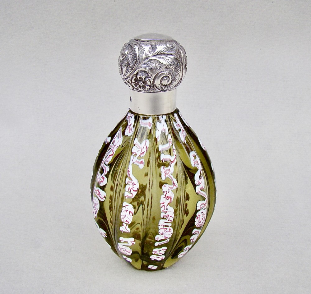 RARE 19TH CENTURY SILVER MOUNTED BOHEMIAN TRAILED GLASS SCENT BOTTLE.