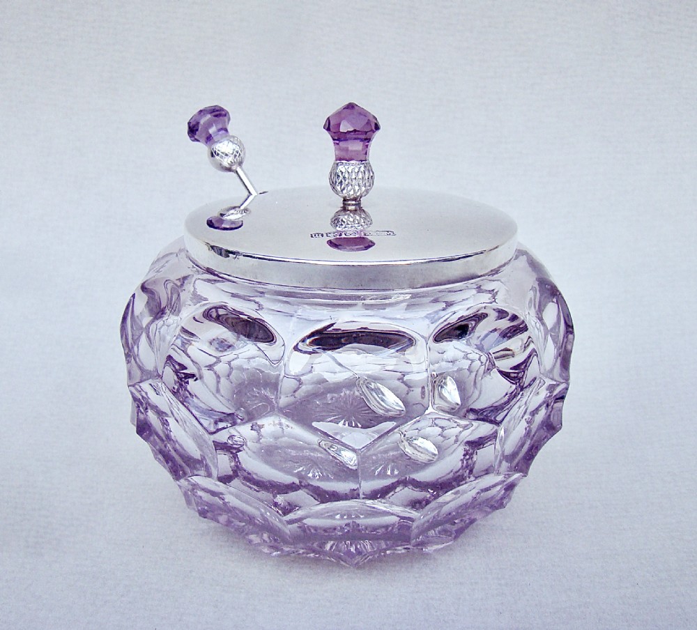 FABULOUS ART DECO SILVER & AMETHYST GLASS PRESERVE JAR BY WILSON & GILL, SHEFFIELD 1929