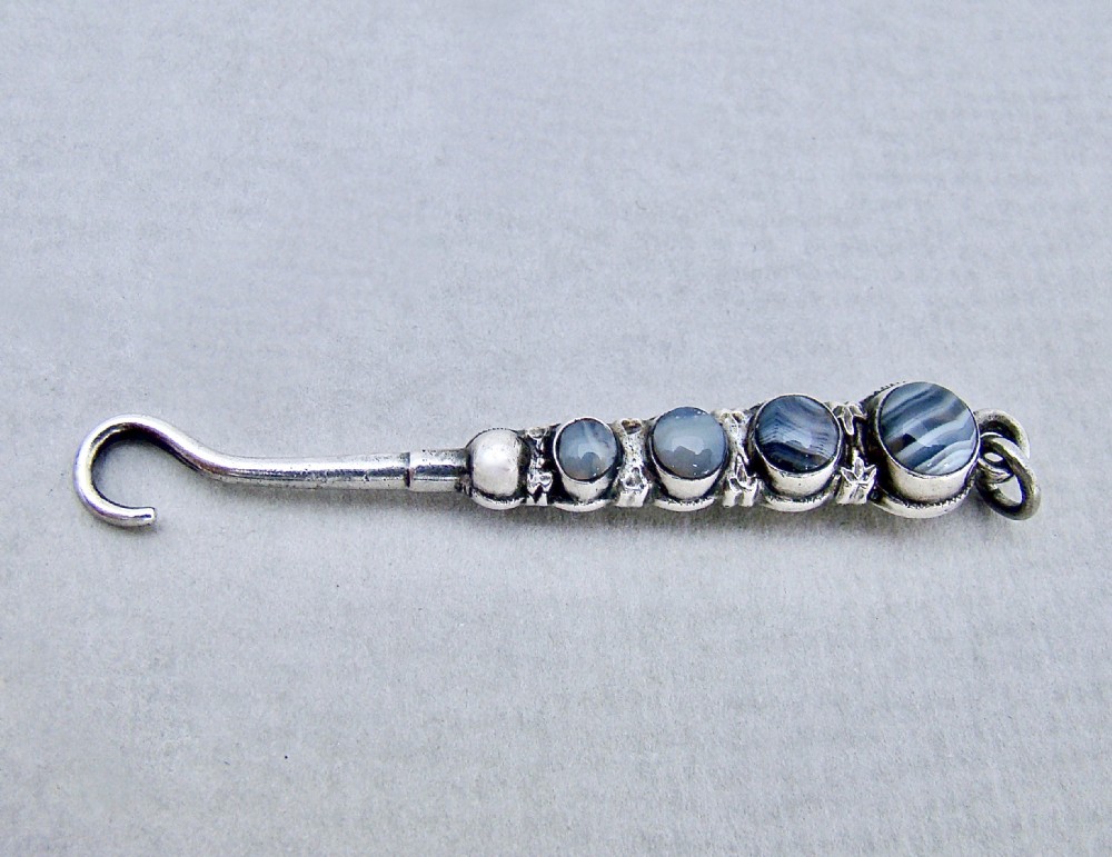RARE VICTORIAN SILVER & GREY BANDED AGATE CHATELAINE BUTTON HOOK BY ADIE & LOVEKIN, BIRMINGHAM 1894