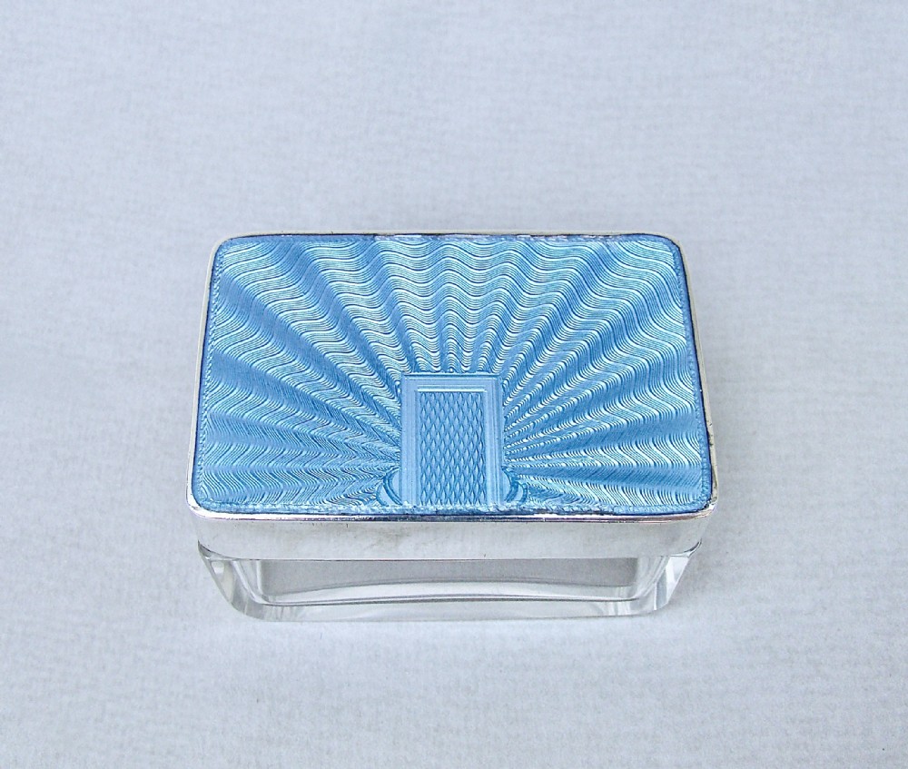 ART DECO SILVER AND GUILLOCHE ENAMEL DRESSING TABLE JAR , BIRMINGHAM 1936