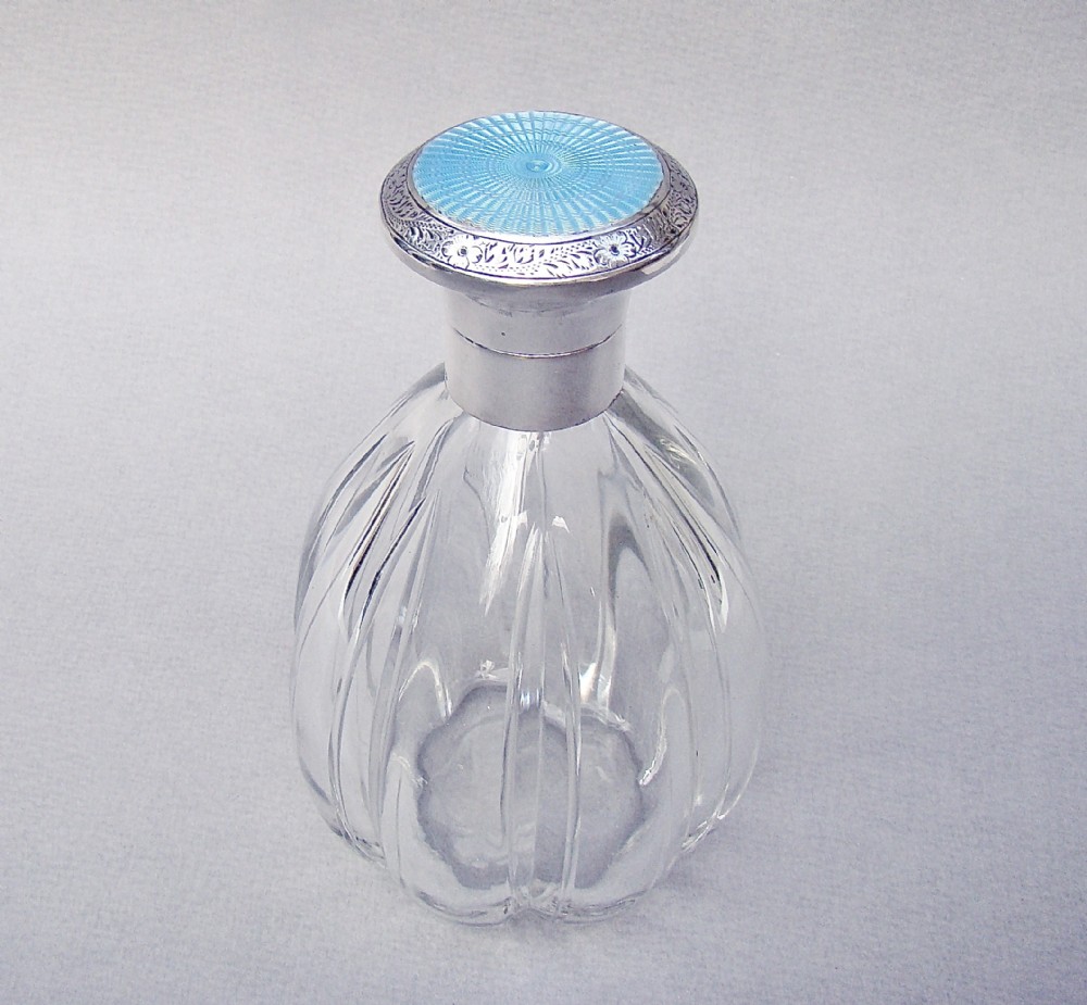 FABULOUS ART DECO SILVER & GUILLOCHE ENAMEL SCENT BOTTLE, BIRMINGHAM 1929