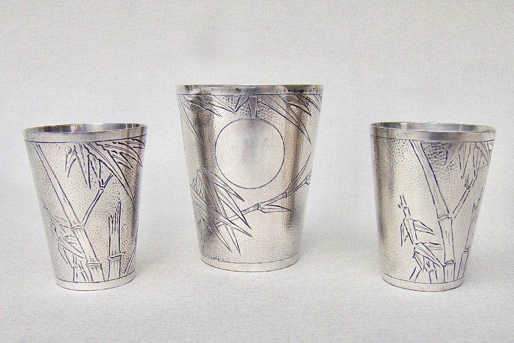 RARE SET OF THREE MEIJI PERIOD JAPANESE SILVER SPIRIT MEASURES
