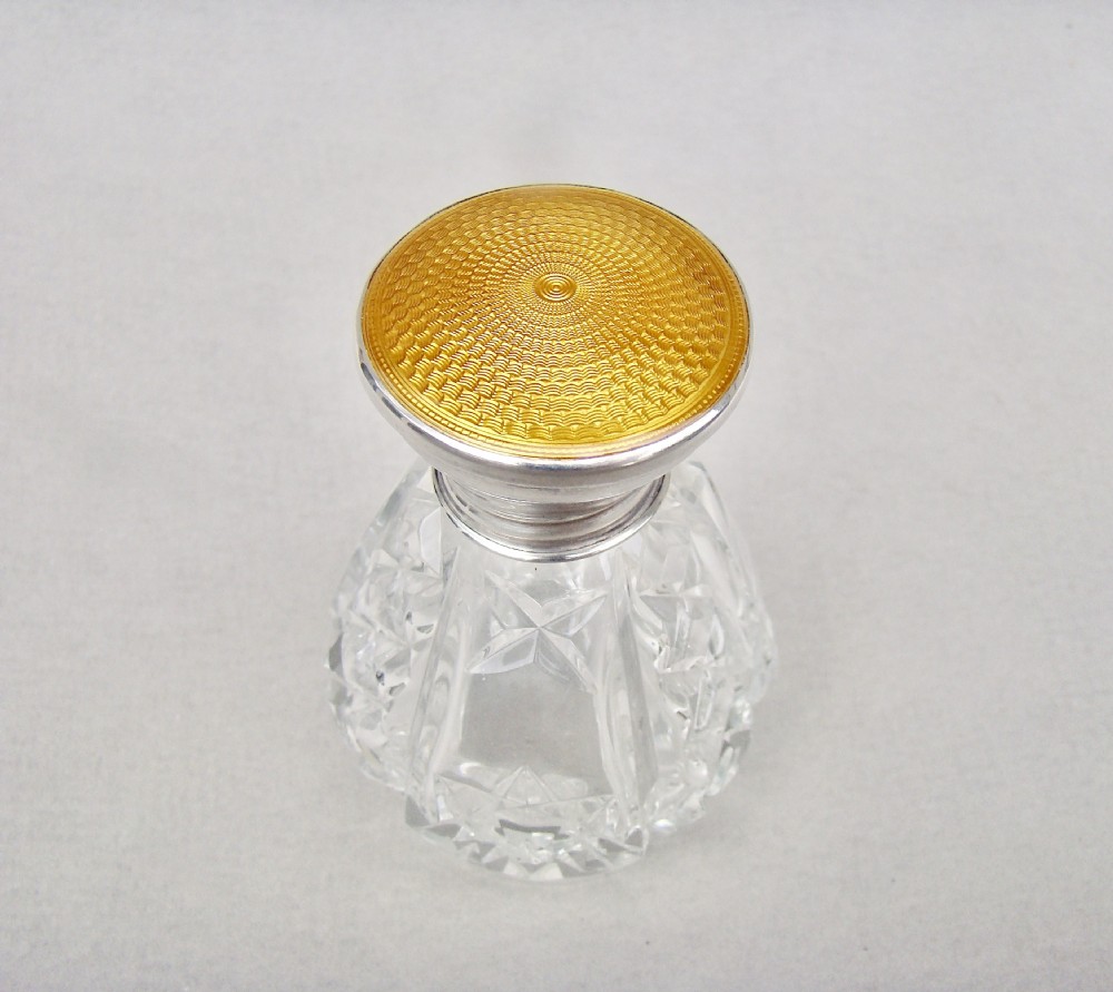 STUNNING ART DECO SILVER & GUILLOCHE ENAMEL SCENT BOTTLE BY WALKER & HALL, BIRMINGHAM 1927